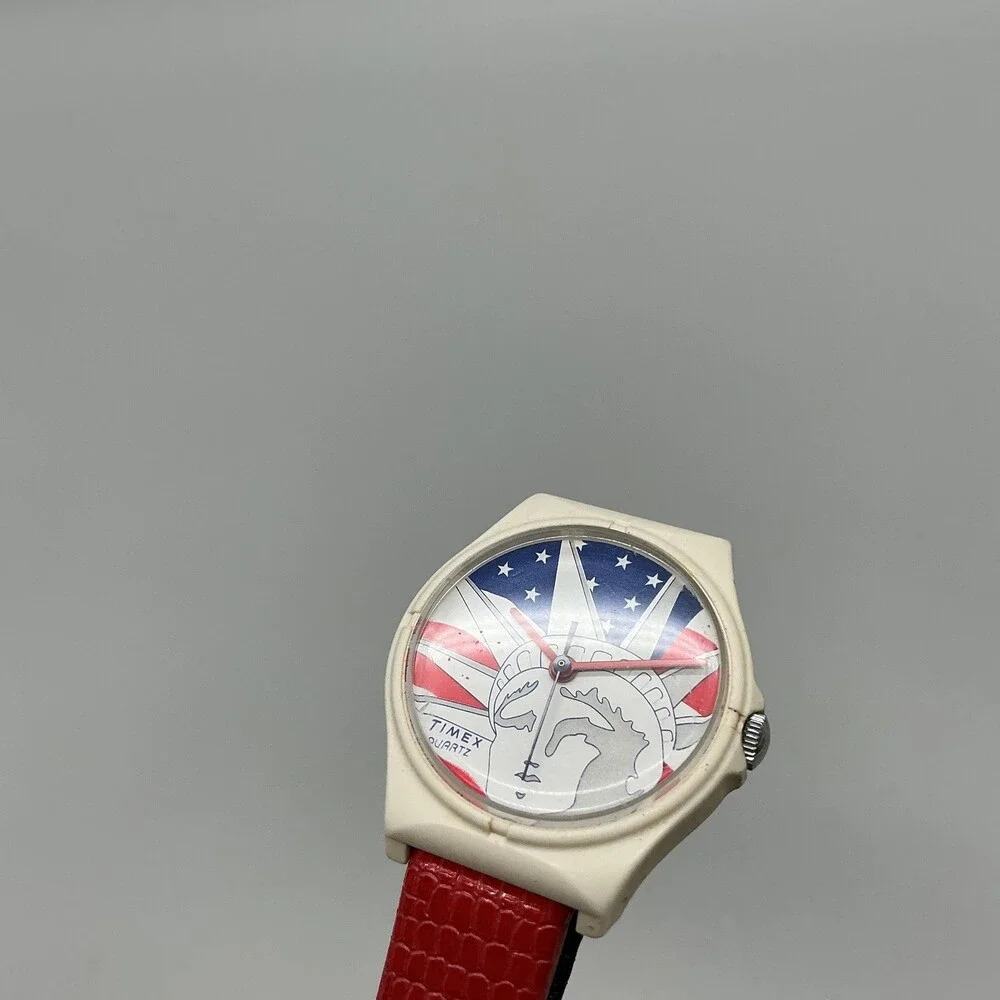 Vintage Timex T Cell Womens Watch 26mm Liberty Flag Dial Red Leather New Battery